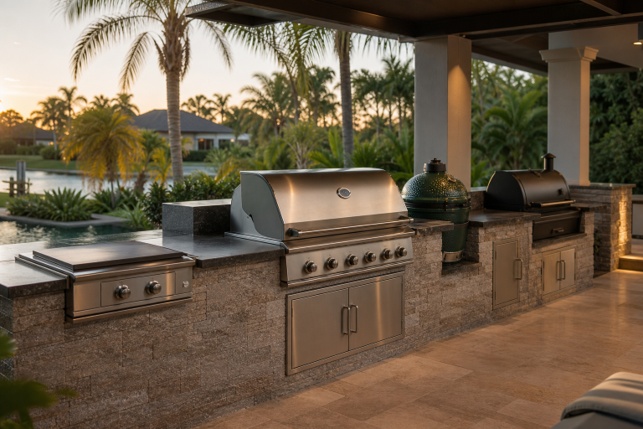 Southwest Florida outdoor kitchen featuring a gas grill, flat-top griddle, kamado, and smoker.